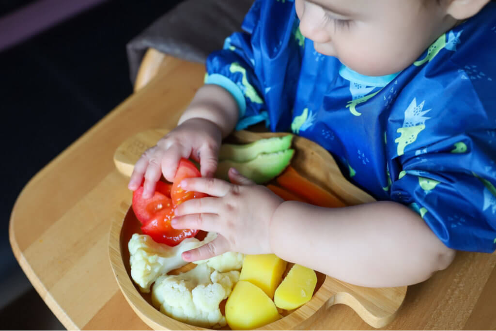 Plato con alimentos preparados para Baby Led Weaning. BLW Stock Photo